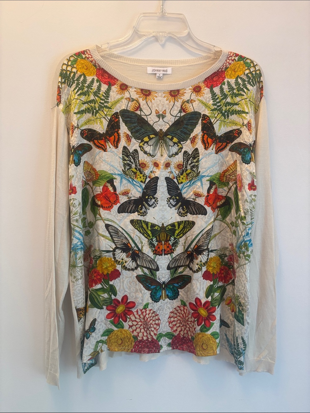Johnny Was | Cream Multicolor Butterfly & Floral Long-Sleeve Top Sz S